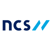 NCS logo featuring blue and white text with two angled lines.