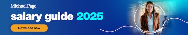 A female professional smiling in a banner of Michael Page 2025 Salary Guide