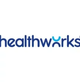 Logo of Healthworks with stylized blue text and trademark symbol.