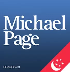 Logo with text 'Michael Page', blue background, and Singapore flag design at the corner.