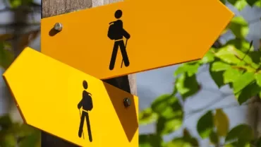 Yellow hiking trail signs with backpack icons on a wooden post in a forest.