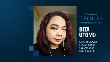A woman with long hair in a tech event poster for cybersecurity.
