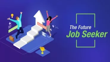 Illustration of two people climbing stairs with 'The Future Job Seeker' text on a blue background.