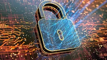 Digital lock over circuit board, symbolizing cybersecurity.