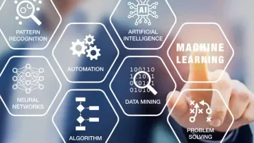 Person pointing at machine learning on virtual touchscreen with related tech terms like AI and data mining.
