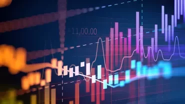 Colorful financial graph showing data trends and fluctuations on a digital screen.
