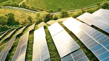 Aerial view of a solar panel farm in a rural landscape with green fields and trees.