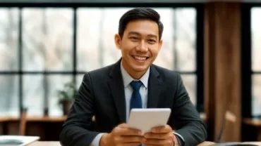 A man in a suit smiles, likely preparing to discuss a pay rise with his employer.