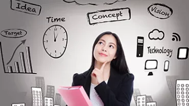 Woman holding folder, surrounded by words like idea, time, concept, vision, and technology.