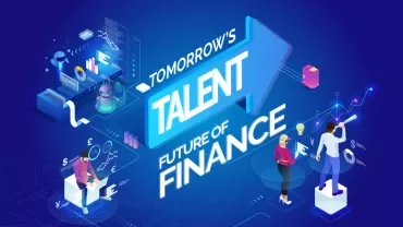 Illustration of futuristic finance with diverse professionals and tech elements.
