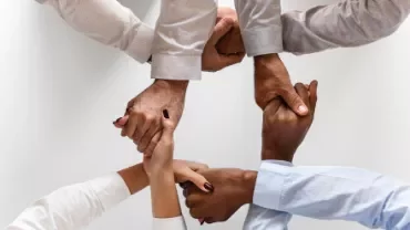 Diverse group of hands holding each other in unity.