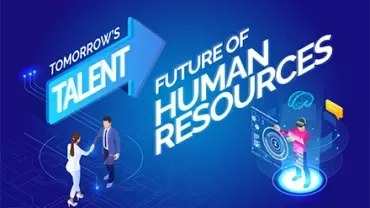Illustration of futuristic human resources theme with two people and digital technology.