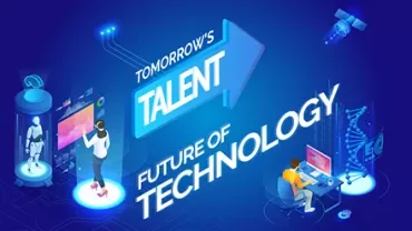 Illustration of future technology with digital screens and a robot.