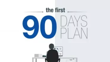 Illustration of 'The First 90 Days Plan' with a silhouette of a person working at a desk.