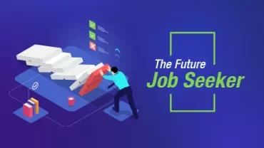 Illustration of a person pushing blocks with the text 'The Future Job Seeker' on a blue background.
