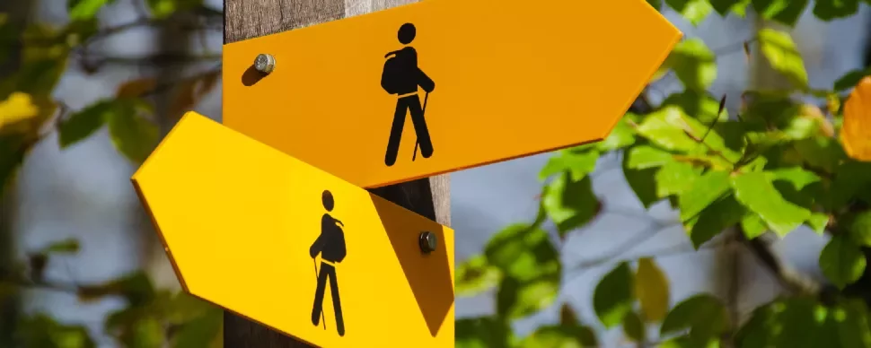 Yellow hiking trail signs with backpack icons on a wooden post in a forest.