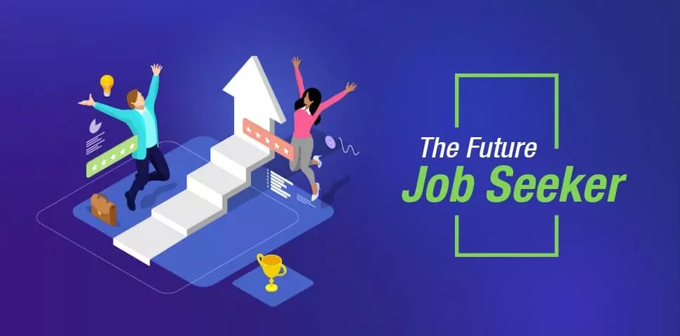 Illustration of two people climbing stairs with 'The Future Job Seeker' text on a blue background.