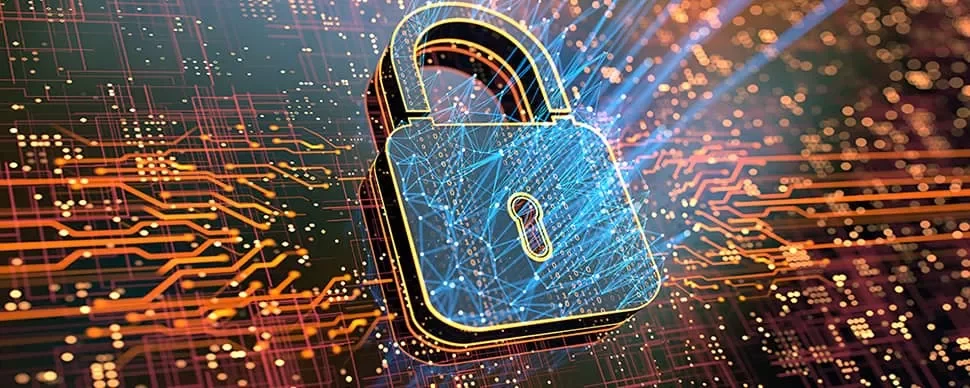 Digital lock over circuit board, symbolizing cybersecurity.