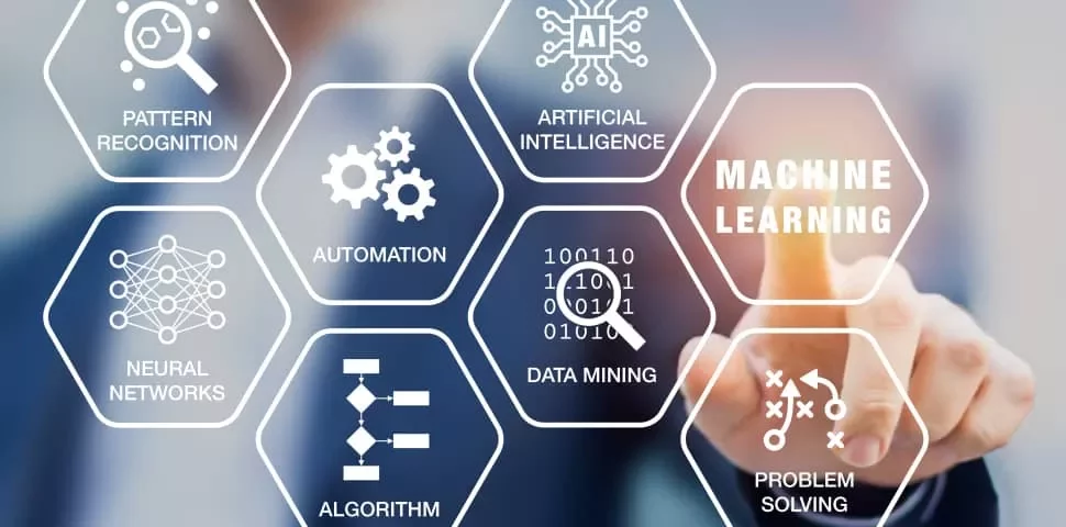 Person pointing at machine learning on virtual touchscreen with related tech terms like AI and data mining.