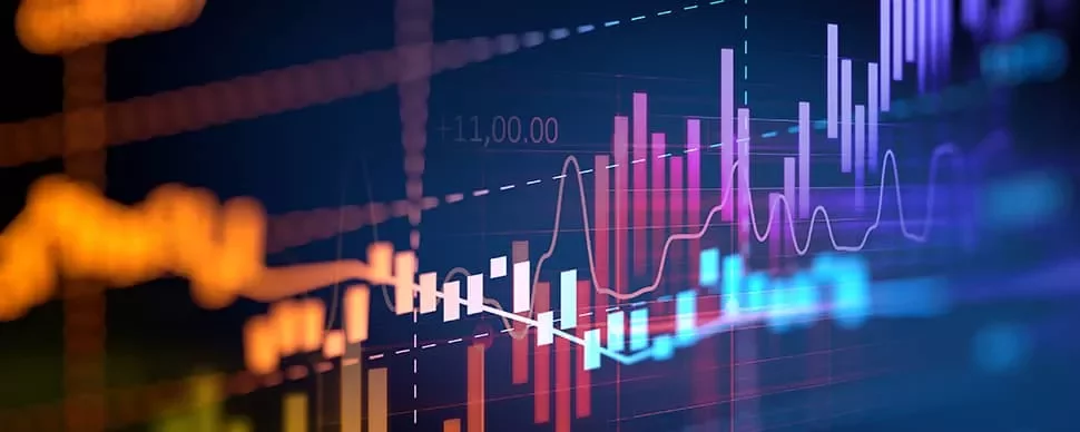 Colorful financial graph showing data trends and fluctuations on a digital screen.