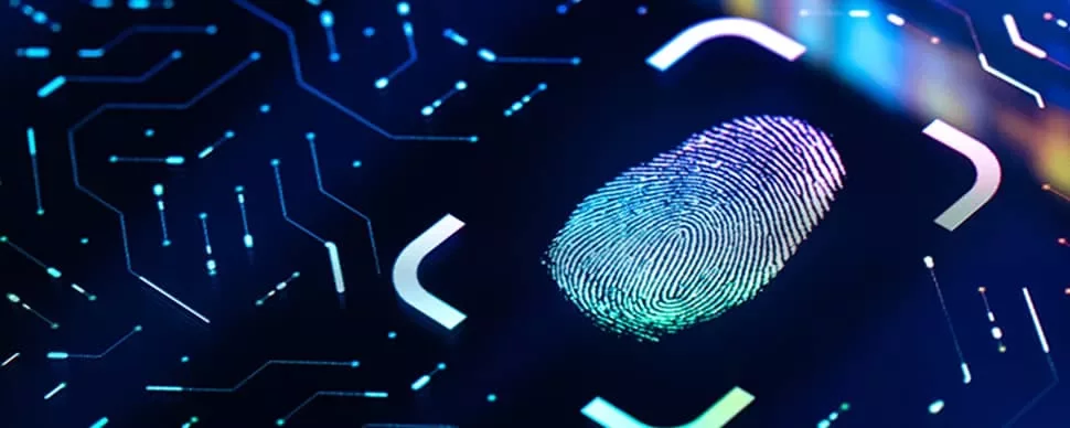 Close-up of a fingerprint on a glowing digital screen.