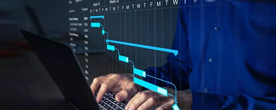 Person typing on a laptop with a Gantt chart overlay on the screen.