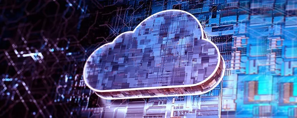 Digital cloud illustration over circuit board background.