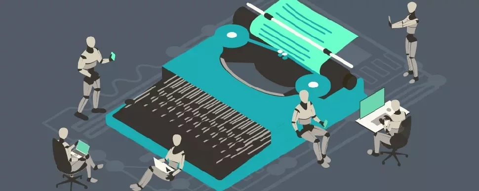 An illustration of robots on electronic devices, positioned around a typewriter.