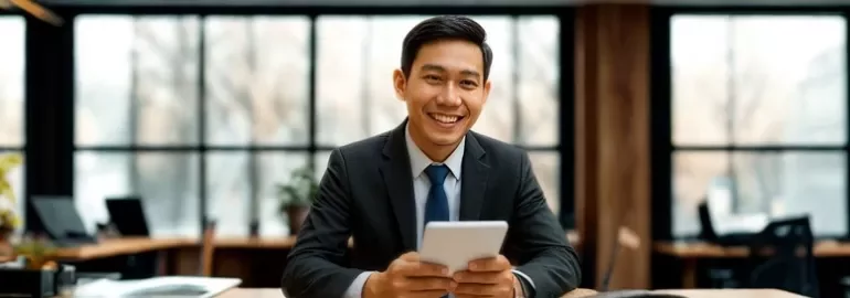 A man in a suit smiles, likely preparing to discuss a pay rise with his employer.