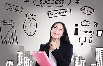 Woman holding folder, surrounded by words like idea, time, concept, vision, and technology.