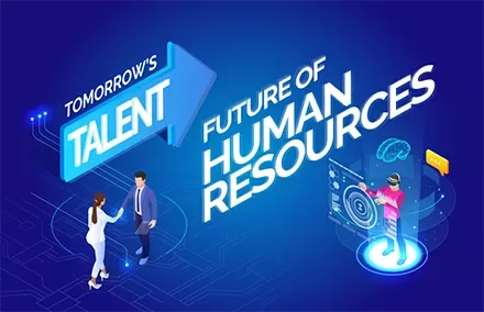 Illustration of futuristic human resources theme with two people and digital technology.