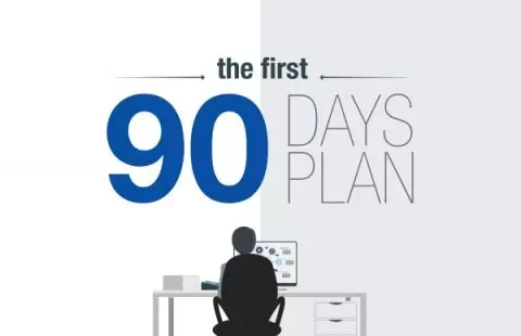 Illustration of 'The First 90 Days Plan' with a silhouette of a person working at a desk.