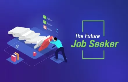 Illustration of a person pushing blocks with the text 'The Future Job Seeker' on a blue background.